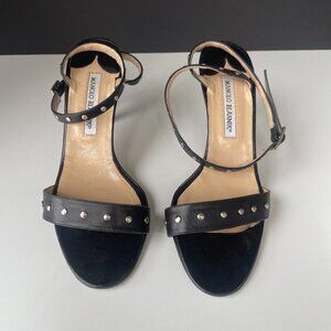 Manolo Blahnik Black Leather Strappy Studded Heels Sandals